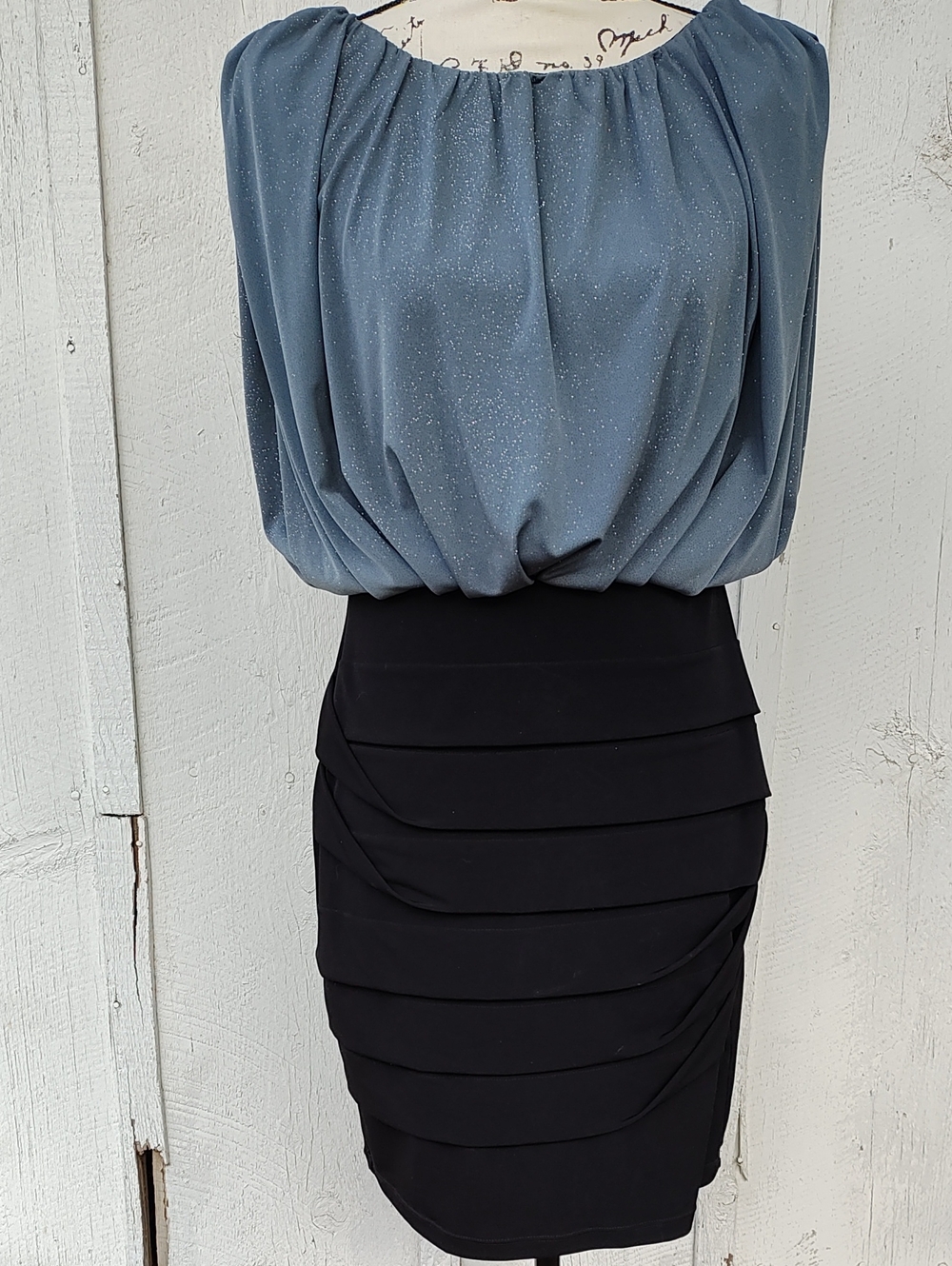 Valerie Bertinelli Gray Shimmery Blouson Top Black Tiered Pencil Skirt Dress